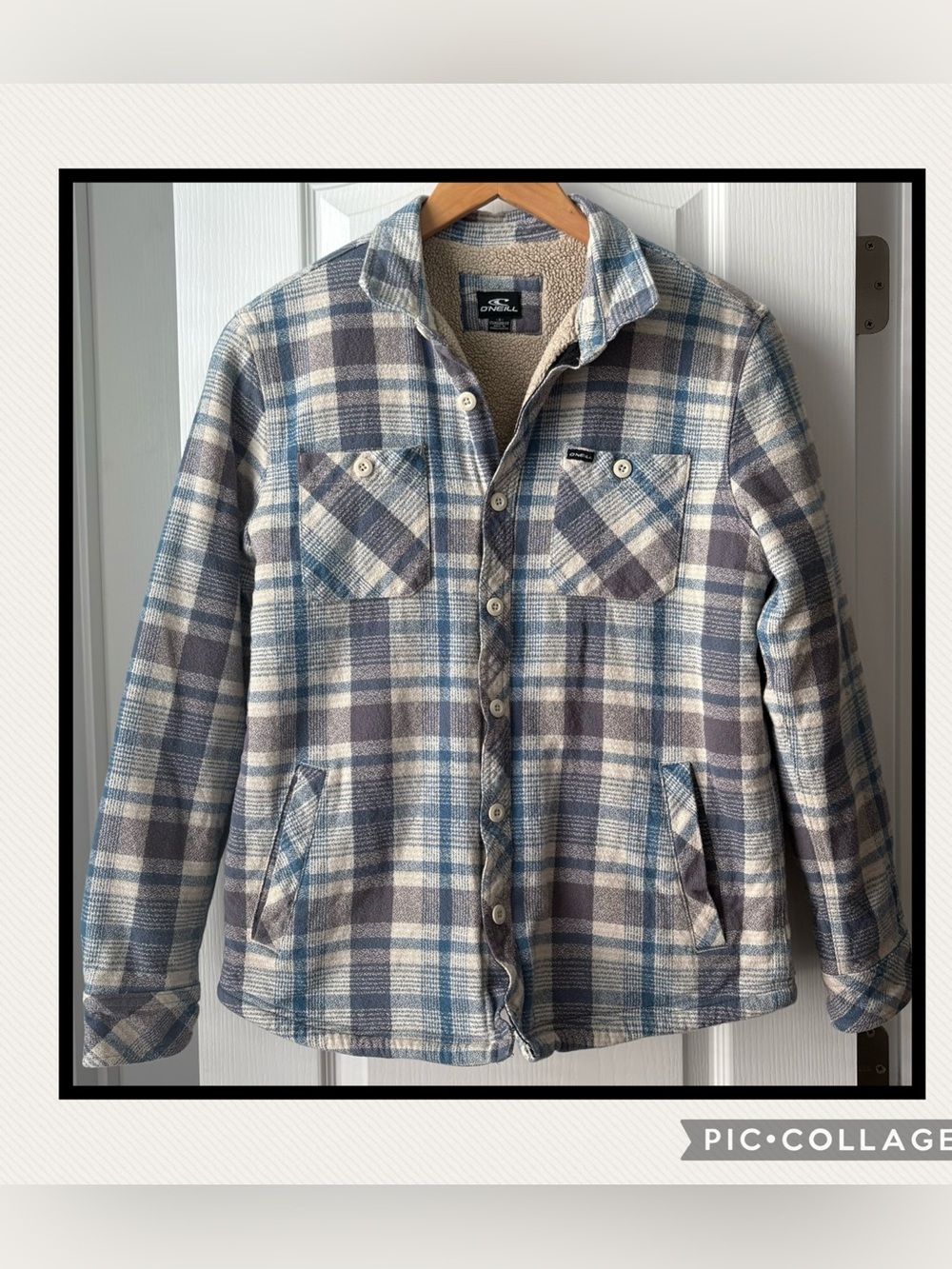O'Neill Plaid Eugene High Pile Button-Up Shirt Jacket - Blue, Gray & Cream